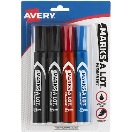 Avery Markers, Permanent Ink, Chisel Point, 4/PK, Ast PK AVE07905